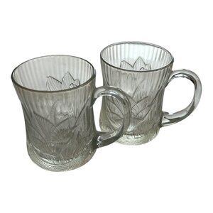 Vintage Arcoroc France Clear Glass Mugs – Floral Leaf Pattern – Set of 2 – 4" Co
